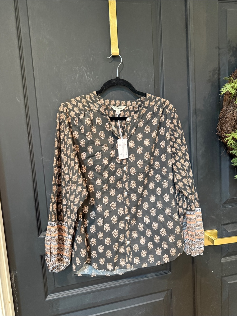 Lucky Brand Black Blouse with Beige Floral Print medium